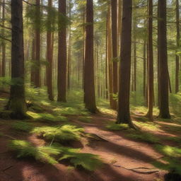 A dense, lush forest full of majestic, old spruce trees where sunlight filters through the canopy, casting dappled shadows on the leaf-strewn forest floor.