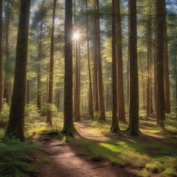 A dense, lush forest full of majestic, old spruce trees where sunlight filters through the canopy, casting dappled shadows on the leaf-strewn forest floor.