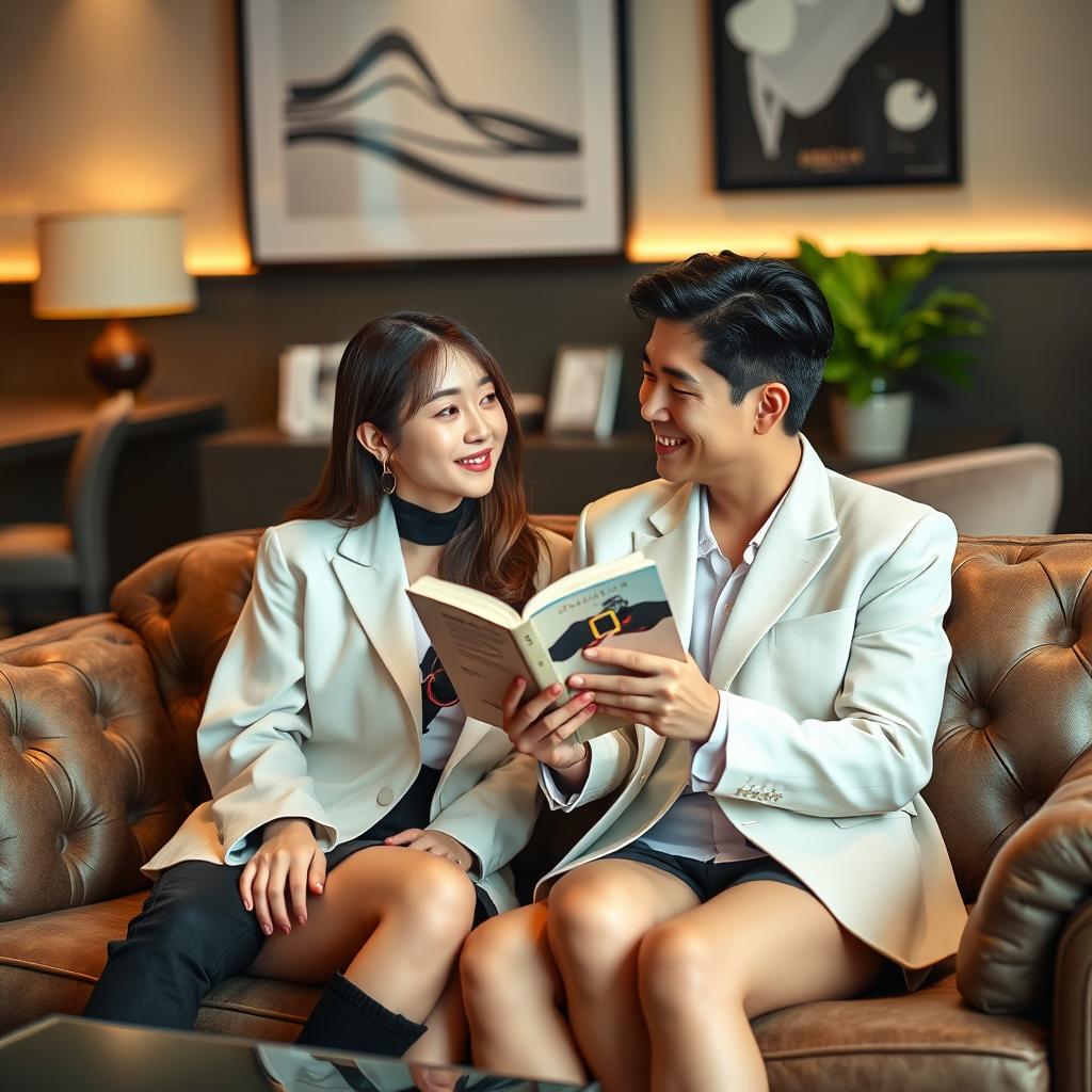A stylish office setting featuring a boss and a secretary sitting together on a luxurious sofa