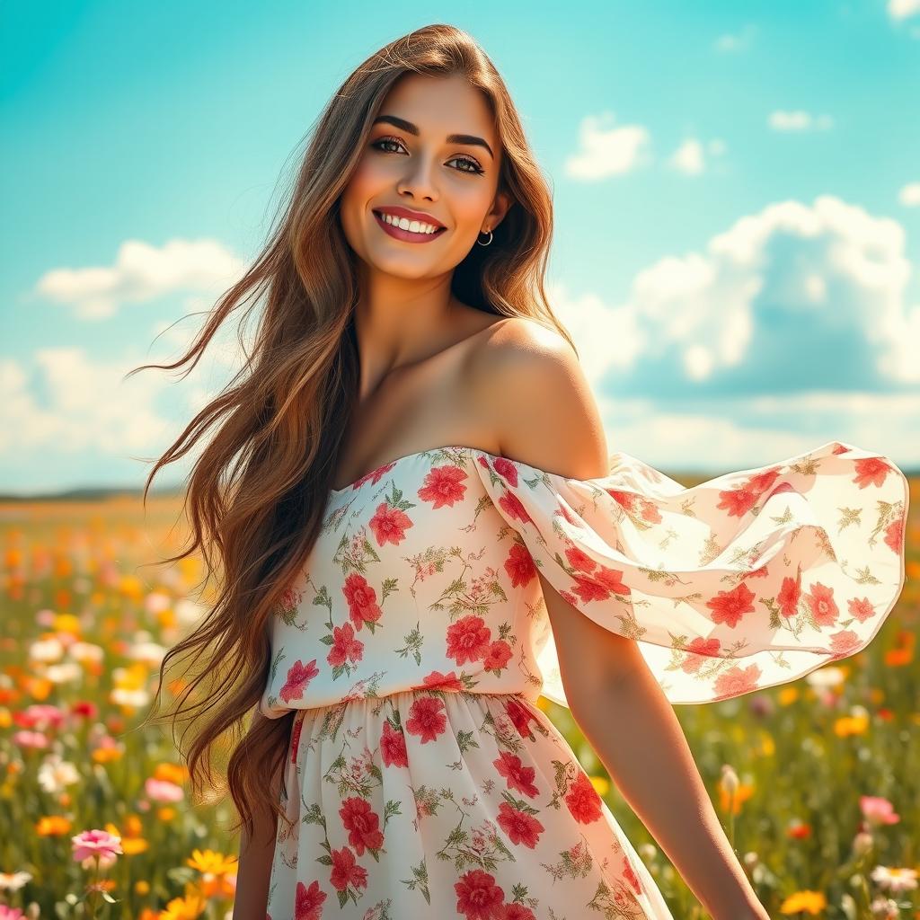A stunningly beautiful woman with long wavy brunette hair, wearing a flowing summer dress with floral patterns that billows gently in the wind