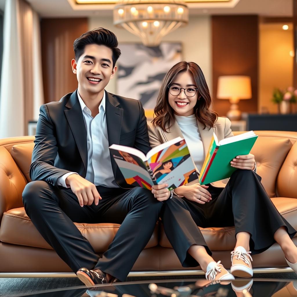 A stylish and vibrant scene depicting a boss and a secretary sitting together on a luxurious modern sofa
