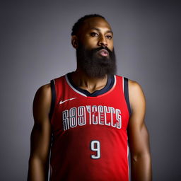 Portrait of James Harden, the basketball player, showing his distinctive beard and in his Houston Rockets attire.