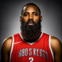 Portrait of James Harden, the basketball player, showing his distinctive beard and in his Houston Rockets attire.