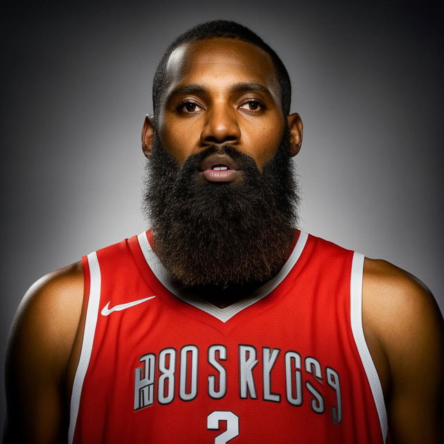 Portrait of James Harden, the basketball player, showing his distinctive beard and in his Houston Rockets attire.