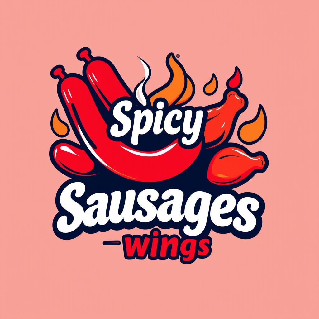 A vibrant logo design featuring spicy sausage and chicken wings