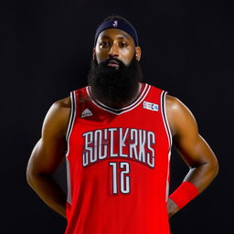 Portrait of James Harden, the basketball player, showing his distinctive beard and in his Houston Rockets attire.