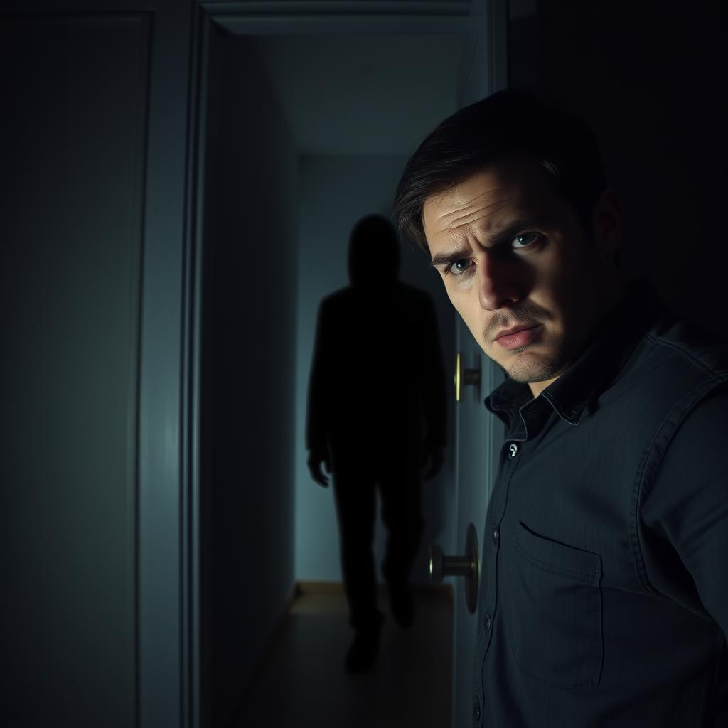 Un hombre abriendo la puerta de un apartamento oscuro con una expresión asustada, mostrando su temor ante lo que podría haber al otro lado