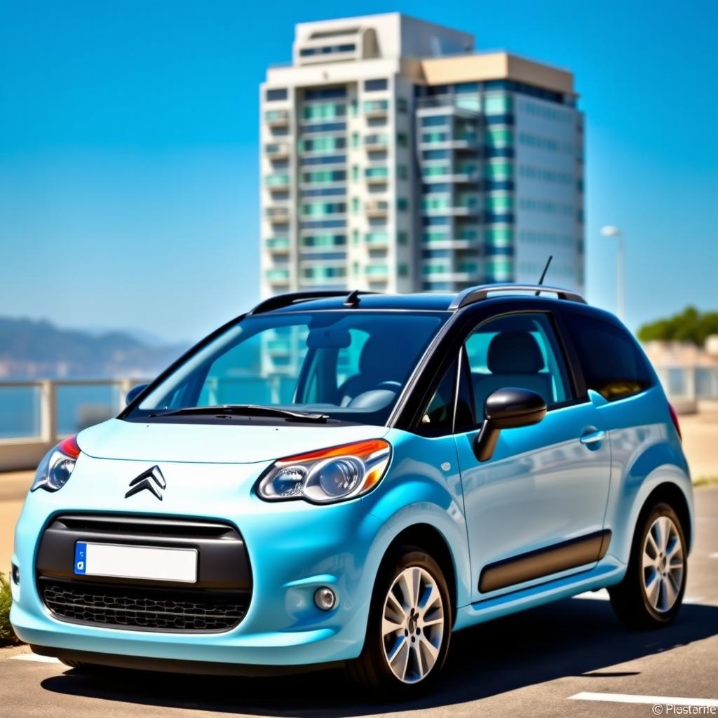 A light blue Citroen C3 from 2009 featuring a stylish black roof