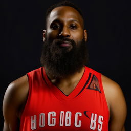 Portrait of James Harden, the basketball player, showing his distinctive beard and in his Houston Rockets attire.