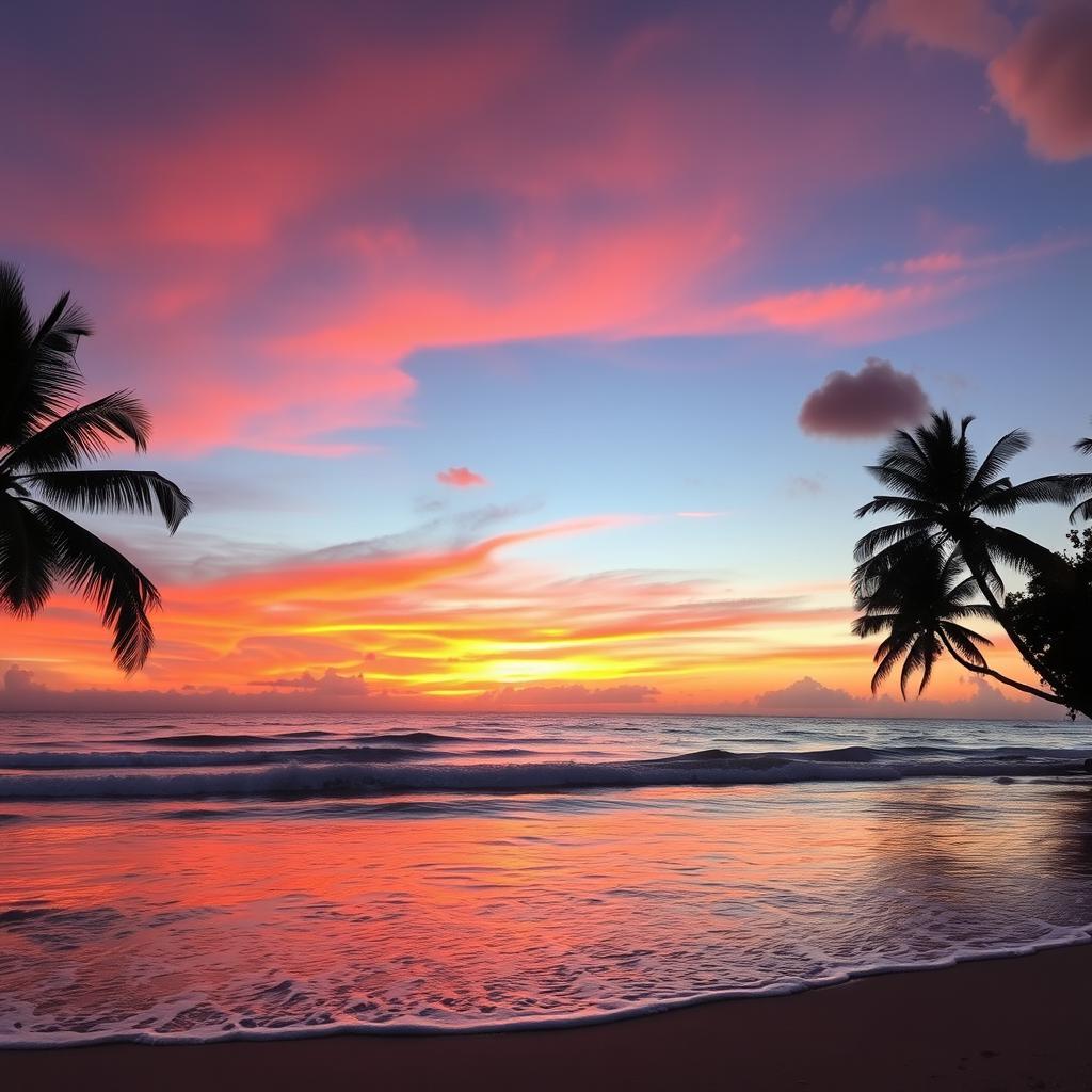 A beautiful sunset over a tranquil beach with soft waves lapping at the shore, featuring vibrant orange, pink, and purple hues in the sky, reflecting on the water