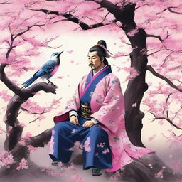 Oda Nobunaga, the iconic samurai, peacefully sitting under a sakura (cherry blossom) tree in full bloom, transfixed by a songbird perched amidst the glorious pink petals.