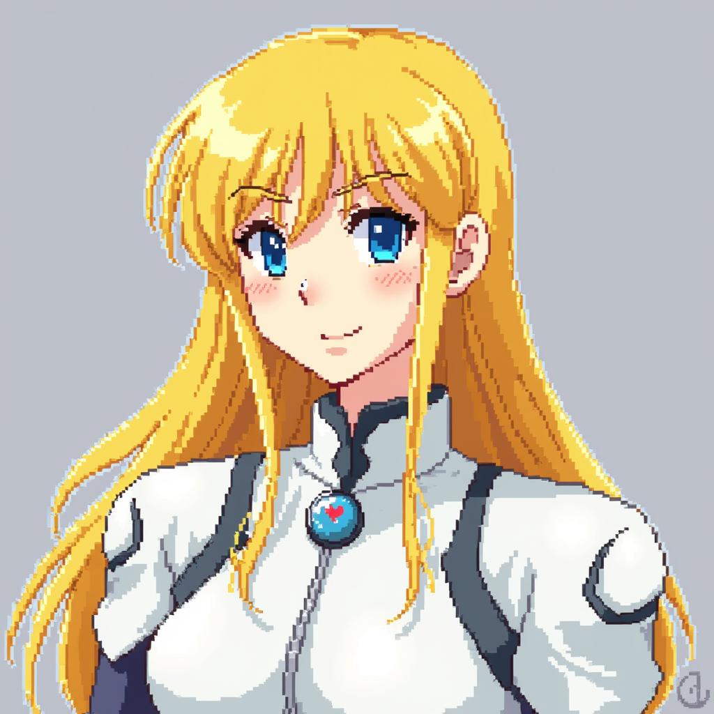 Pixel art style anime portrait of Zechs Merquise, featuring his distinct features such as long blond hair, a confident expression, and his signature white uniform with armor details