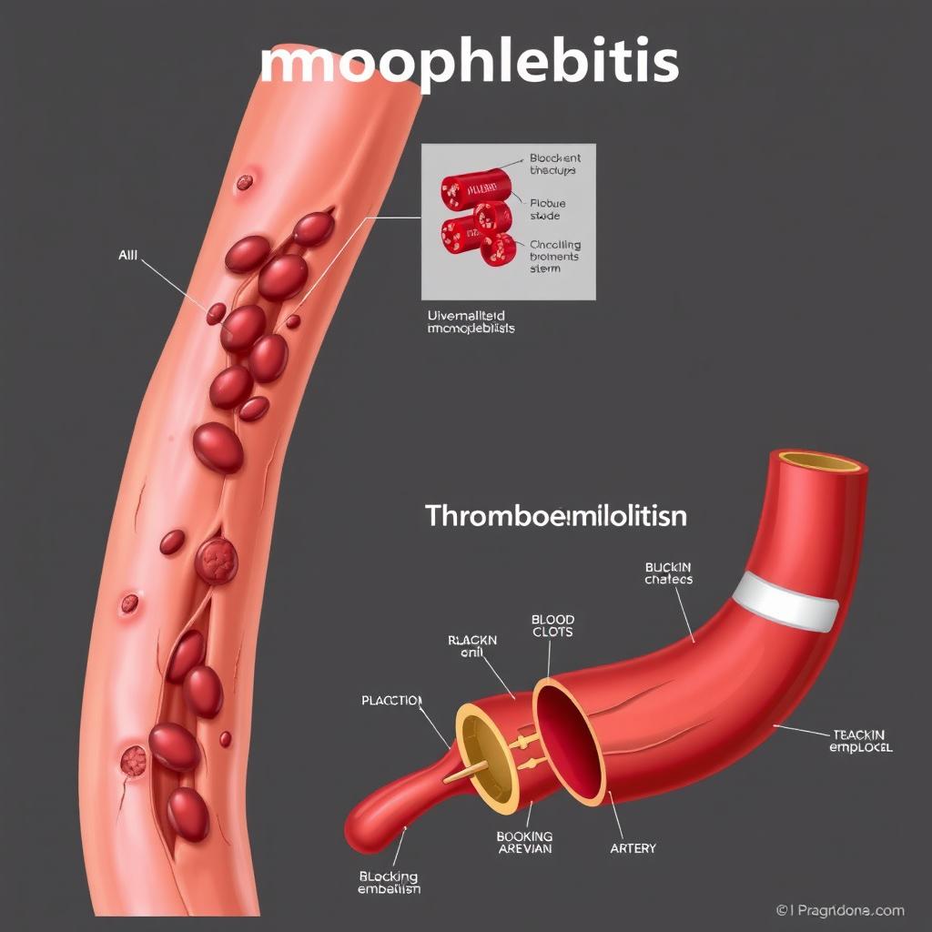 A detailed medical illustration showing thrombophlebitis and thromboembolism