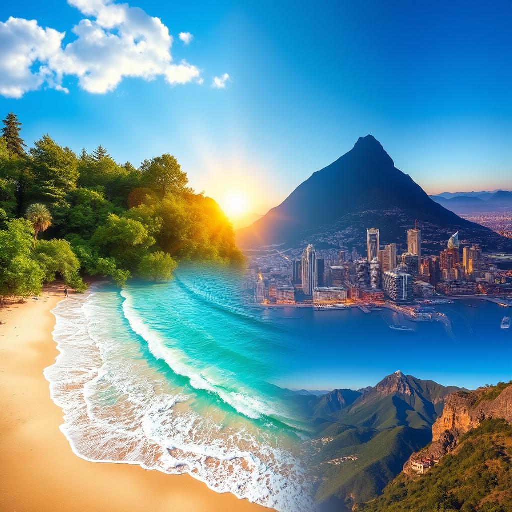 A surreal yet realistic composite image containing various scenes: a lush, green forest with sunlight filtering through the trees, a serene beach at sunset with waves gently lapping at the shore, a vibrant city skyline at night with twinkling lights, and a tranquil mountain landscape under a clear blue sky