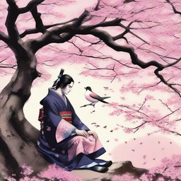 Oda Nobunaga, the iconic samurai, peacefully sitting under a sakura (cherry blossom) tree in full bloom, transfixed by a songbird perched amidst the glorious pink petals.