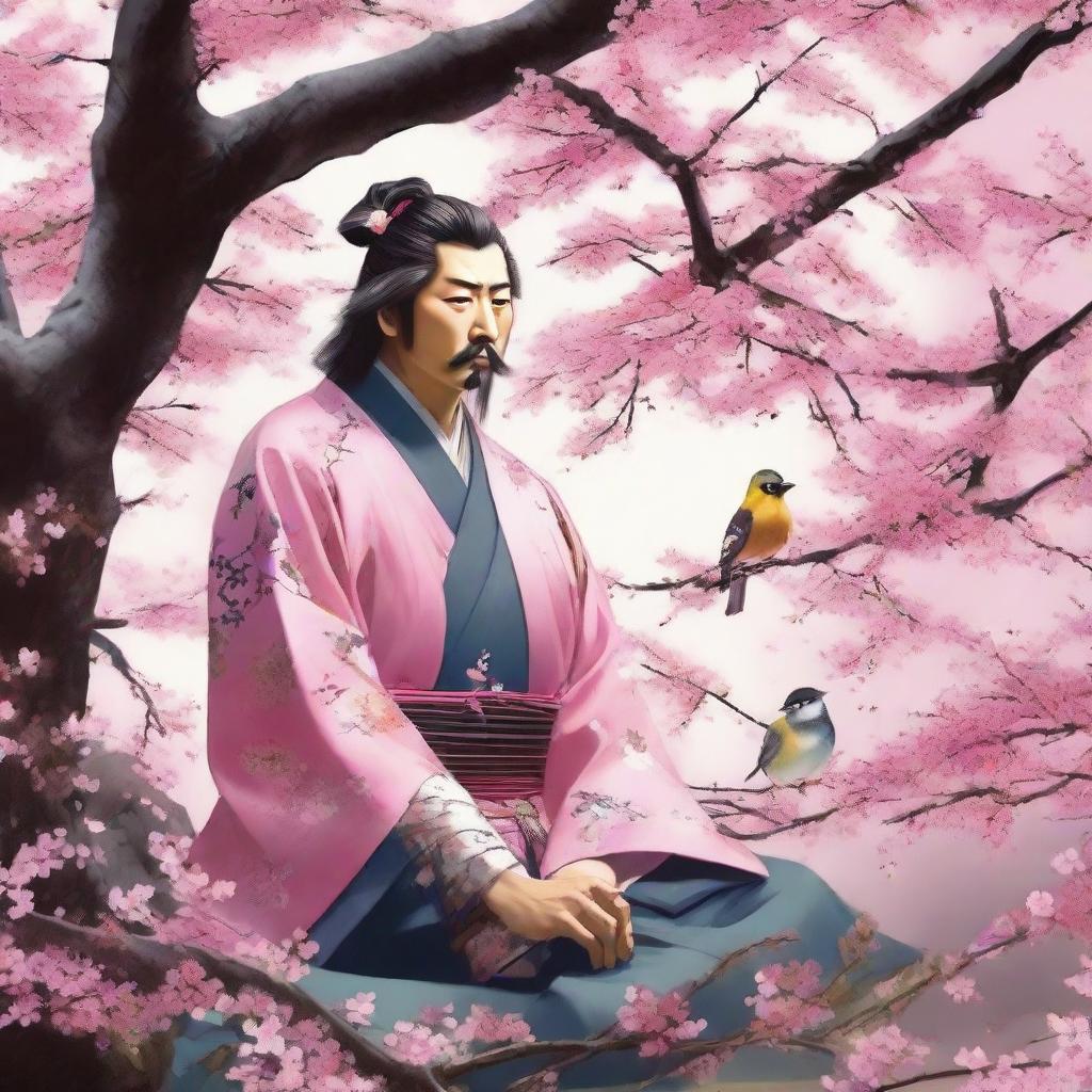 Oda Nobunaga, the iconic samurai, peacefully sitting under a sakura (cherry blossom) tree in full bloom, transfixed by a songbird perched amidst the glorious pink petals.