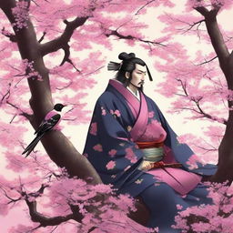 Oda Nobunaga, the iconic samurai, peacefully sitting under a sakura (cherry blossom) tree in full bloom, transfixed by a songbird perched amidst the glorious pink petals.