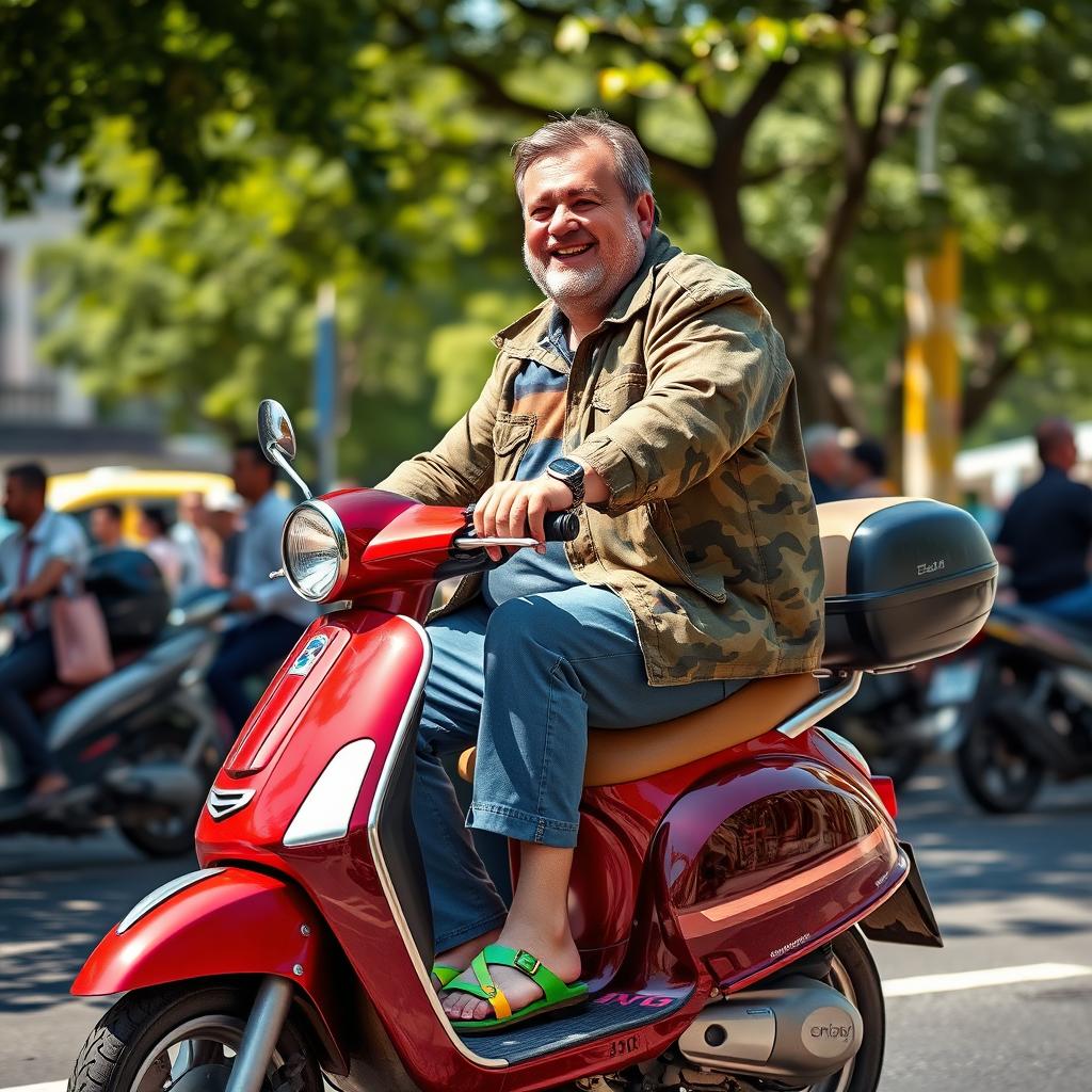 A jovial, slightly overweight man riding a vibrant moped