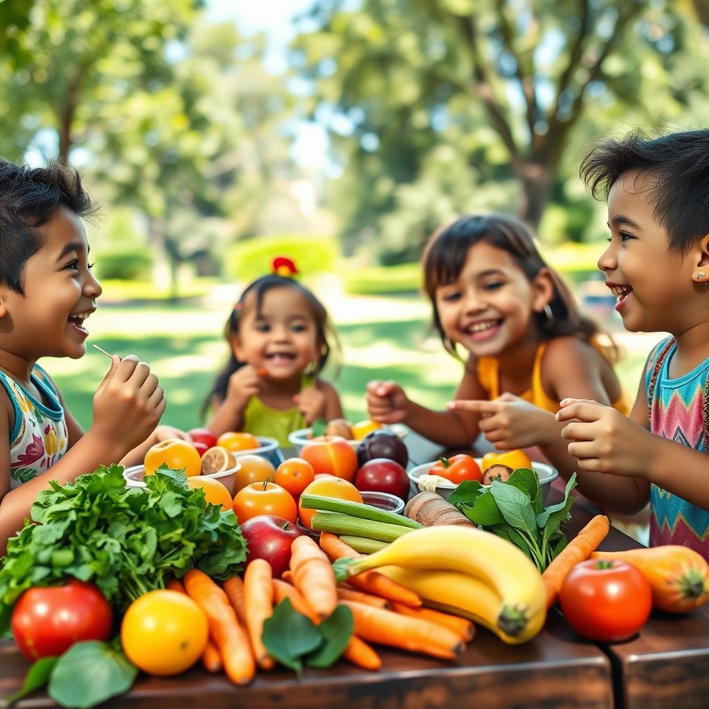 A vibrant scene depicting Latino children joyfully eating a variety of fresh fruits and vegetables