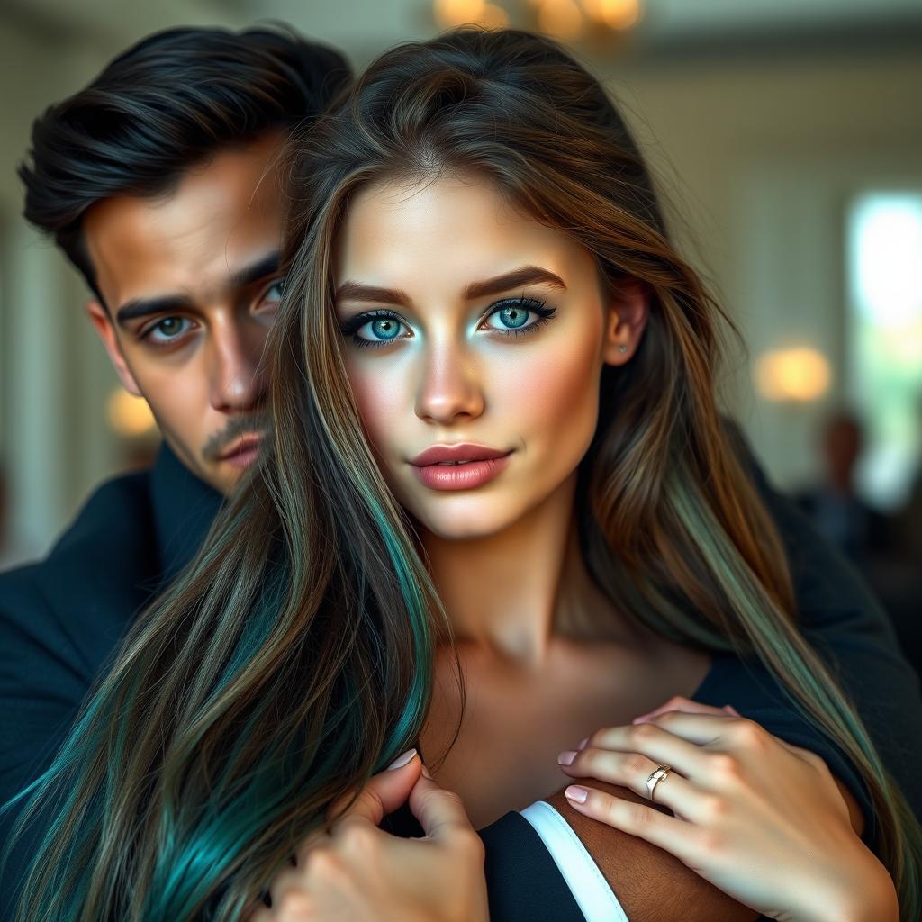 A stunning nineteen-year-old girl with long, flowing turquoise hair and striking blue eyes, embracing a man who has dark hair and captivating green eyes