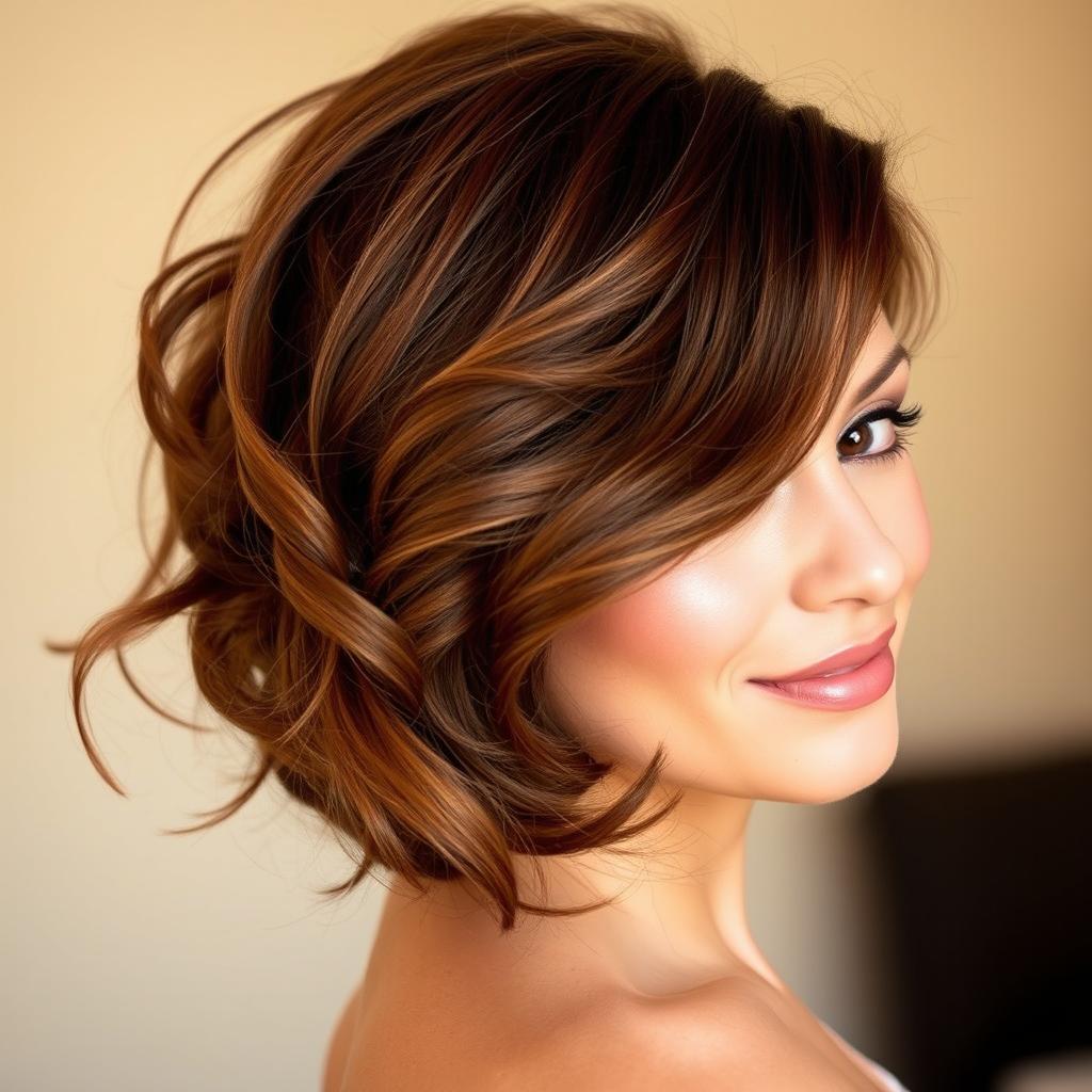 A stylish feminine hairstyle, featuring long flowing hair with soft waves, elegantly styled with some curls at the ends