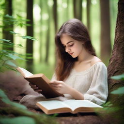 A young, charming girl dozing off with a book in her hands, surrounded by the serene beauty of a forest