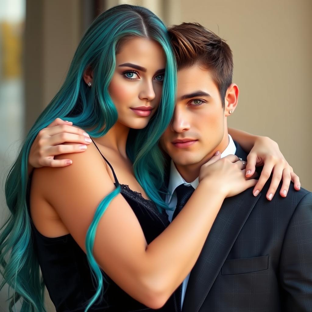 A stunning 19-year-old girl with long turquoise hair and bright blue eyes, beautifully hugging a man who has green eyes and slightly dark hair