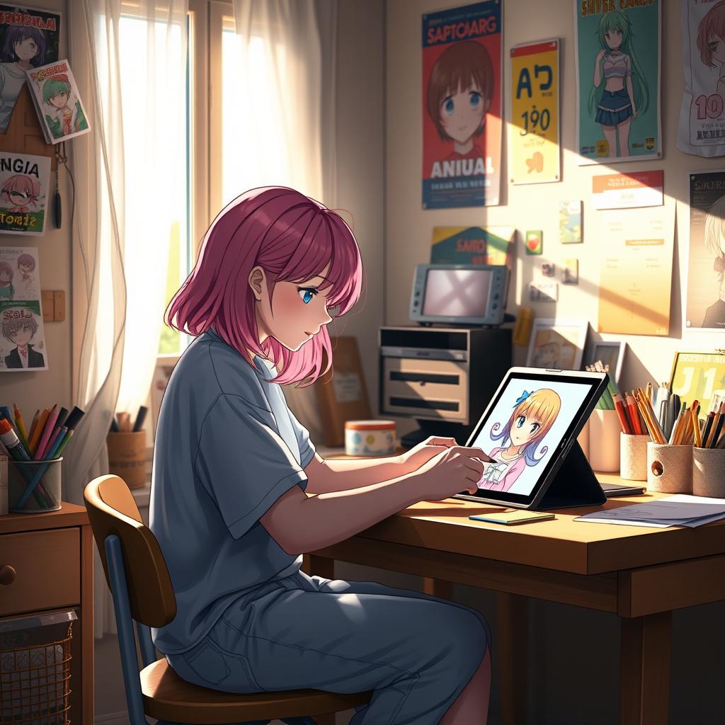 A teenage girl sitting at a desk, focused and creative, drawing an anime girl on her tablet