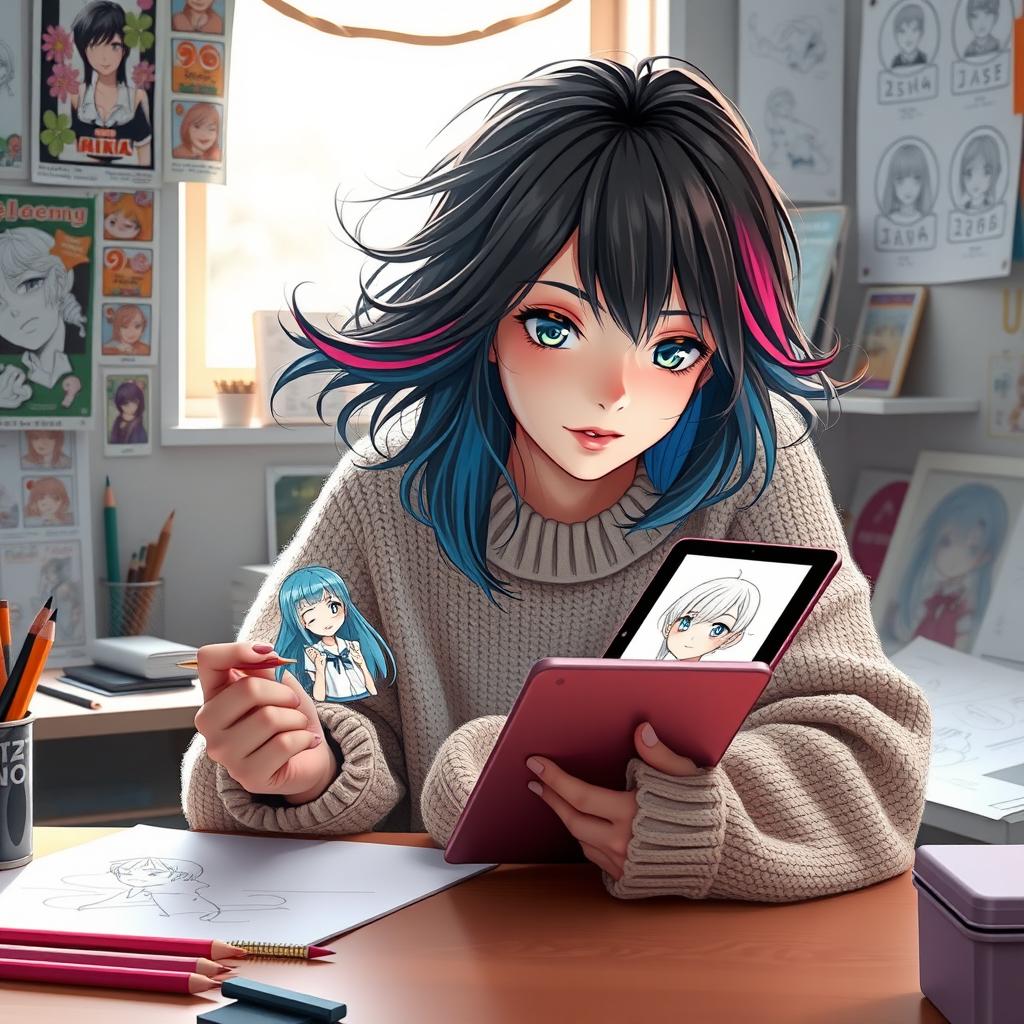 A teenage girl sitting at a desk, immersed in her artwork as she draws an anime girl on her tablet