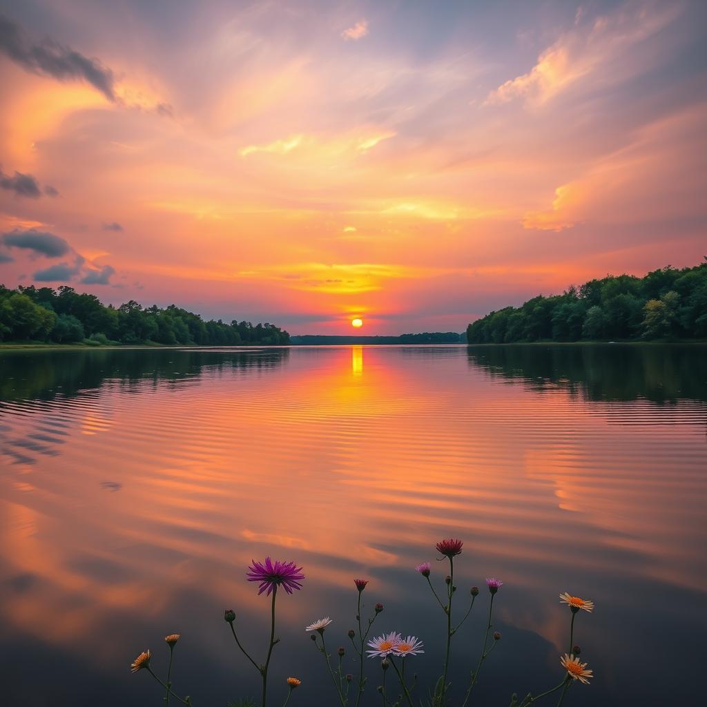 A stunning photograph capturing a vibrant sunset over a serene lake, with trees lining the shore and soft clouds in the sky reflecting shades of orange, pink, and purple