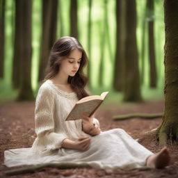 A young, charming girl dozing off with a book in her hands, surrounded by the serene beauty of a forest