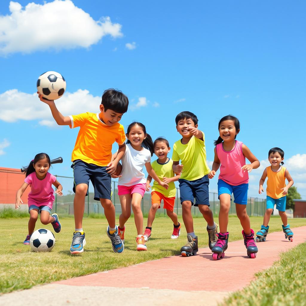 Eight Latino children enjoying various sports activities together in a vibrant outdoor setting