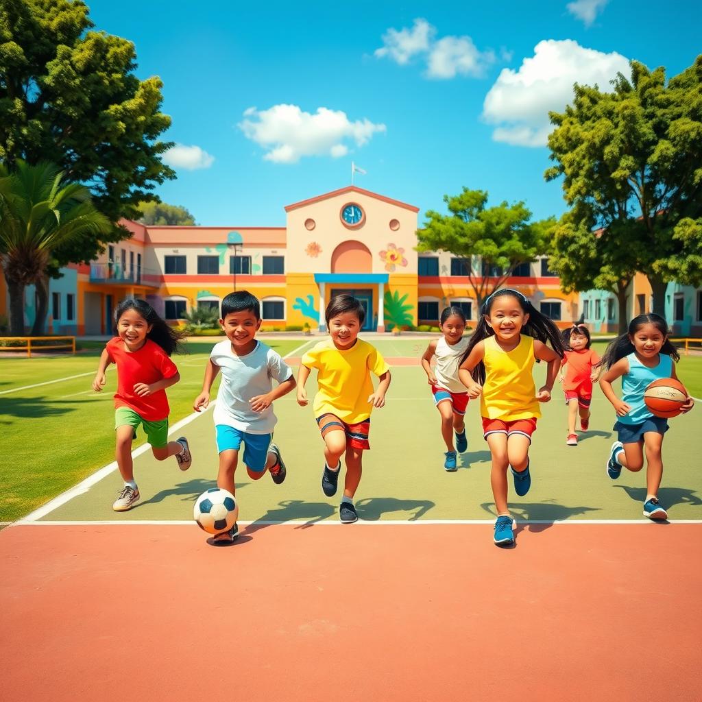A vibrant scene depicting children exercising in a Latino school setting