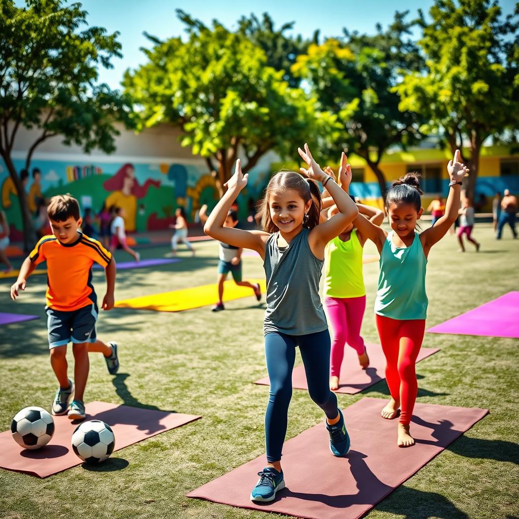 A vibrant scene showing children exercising in a Latin school environment