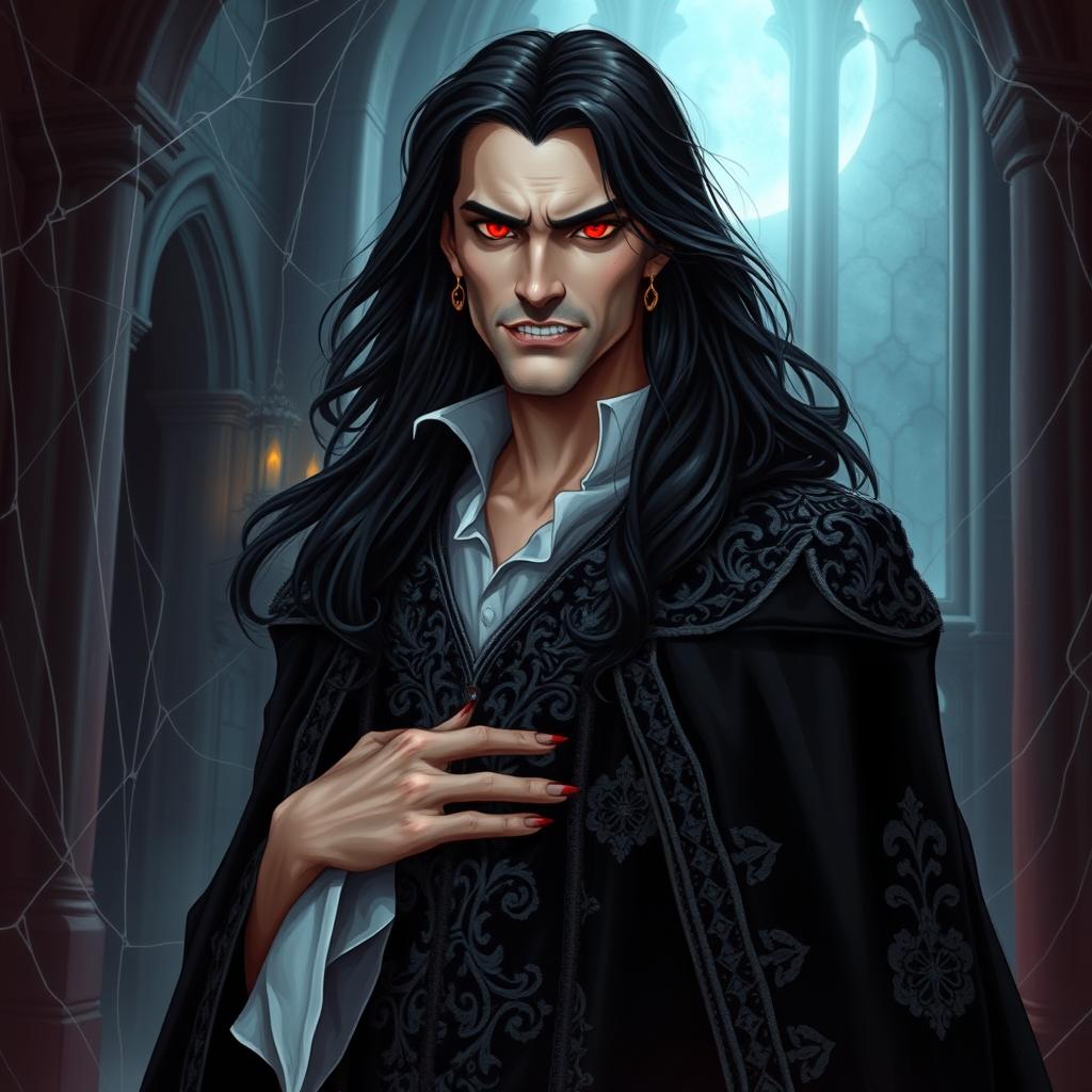 A striking vampire character design for a gothic novel cover