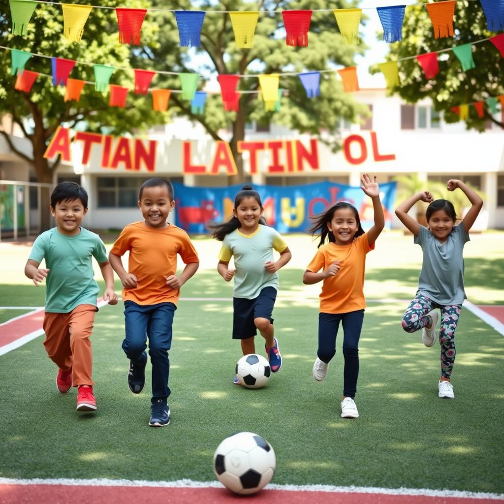 A vibrant scene showing six children, three boys and three girls, engaging in physical exercise at a Latin school