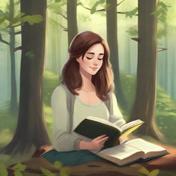 A young, charming girl dozing off with a book in her hands, surrounded by the serene beauty of a forest