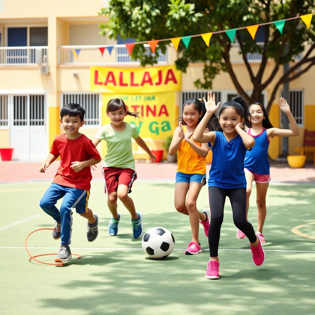 A vibrant scene of young children exercising in a Latin school environment