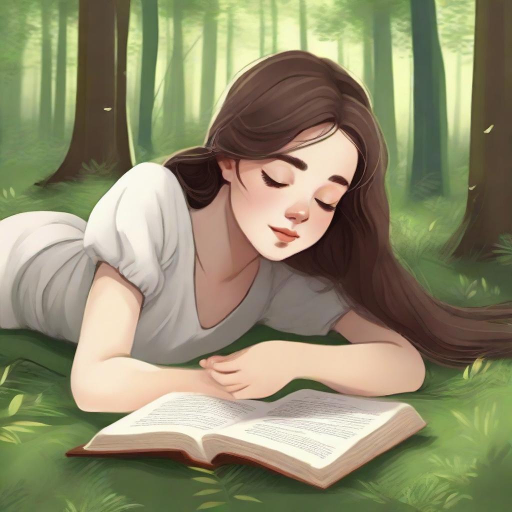 A young, charming girl dozing off with a book in her hands, surrounded by the serene beauty of a forest