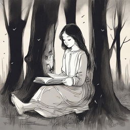 The young girl, now leaning back against a thick tree trunk under the luminescent moonlight, still cradling the book in her lap, on the verge of sleep in the serene forest.