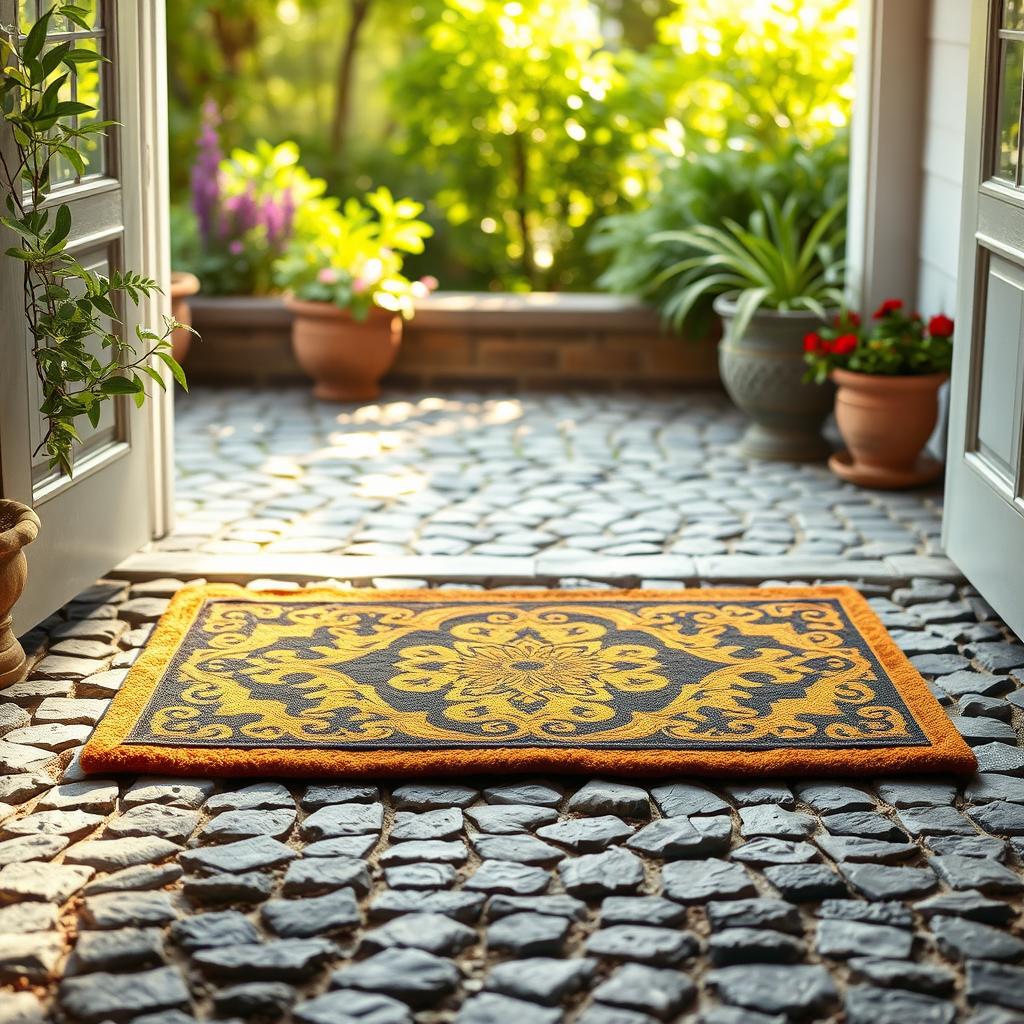 A beautiful and inviting entrance mat placed on a cobblestone patio, showcasing a lovely background that highlights the charm of an outdoor setting