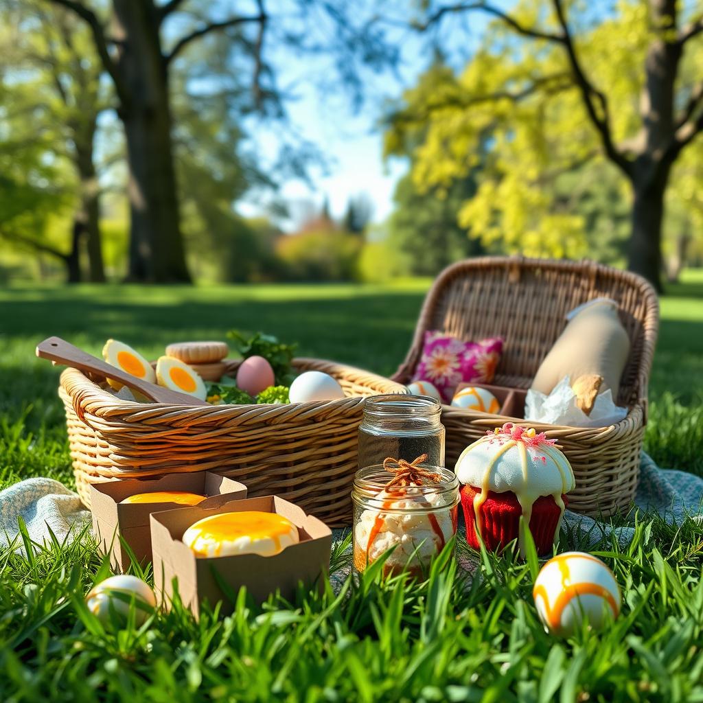 A serene and inviting Easter picnic scene set in a lush green park, featuring a charming wicker picnic basket filled with delicious individual portions of food