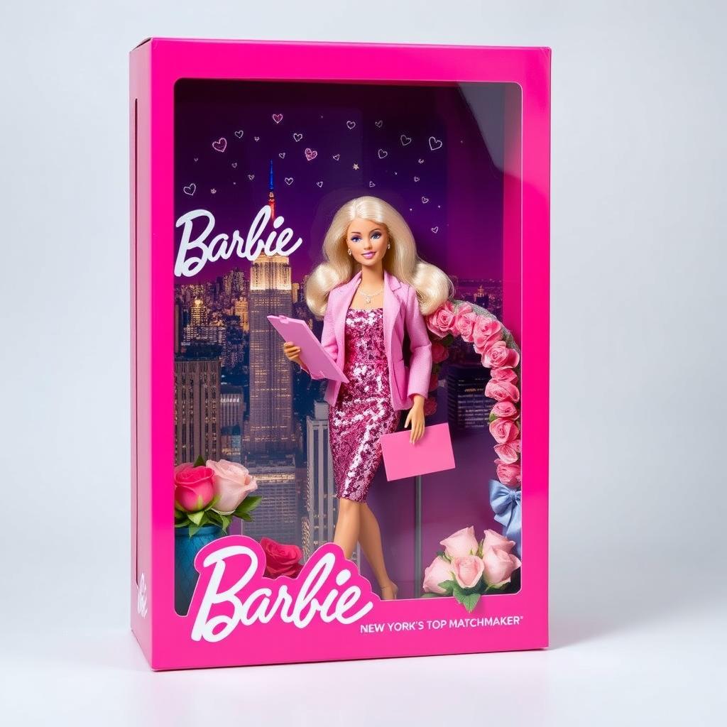A vibrant and glossy pink packaging box with a clear window showcasing a Barbie doll against a romantic New York City skyline at night, featuring twinkling city lights