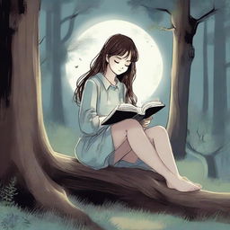 The young girl, now leaning back against a thick tree trunk under the luminescent moonlight, still cradling the book in her lap, on the verge of sleep in the serene forest.