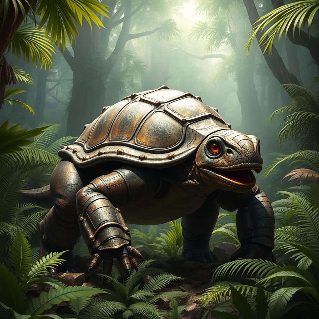 A stylish and fierce alpha Carbonemys, characterized by its large, armored shell and strong limbs, set in a lush prehistoric jungle