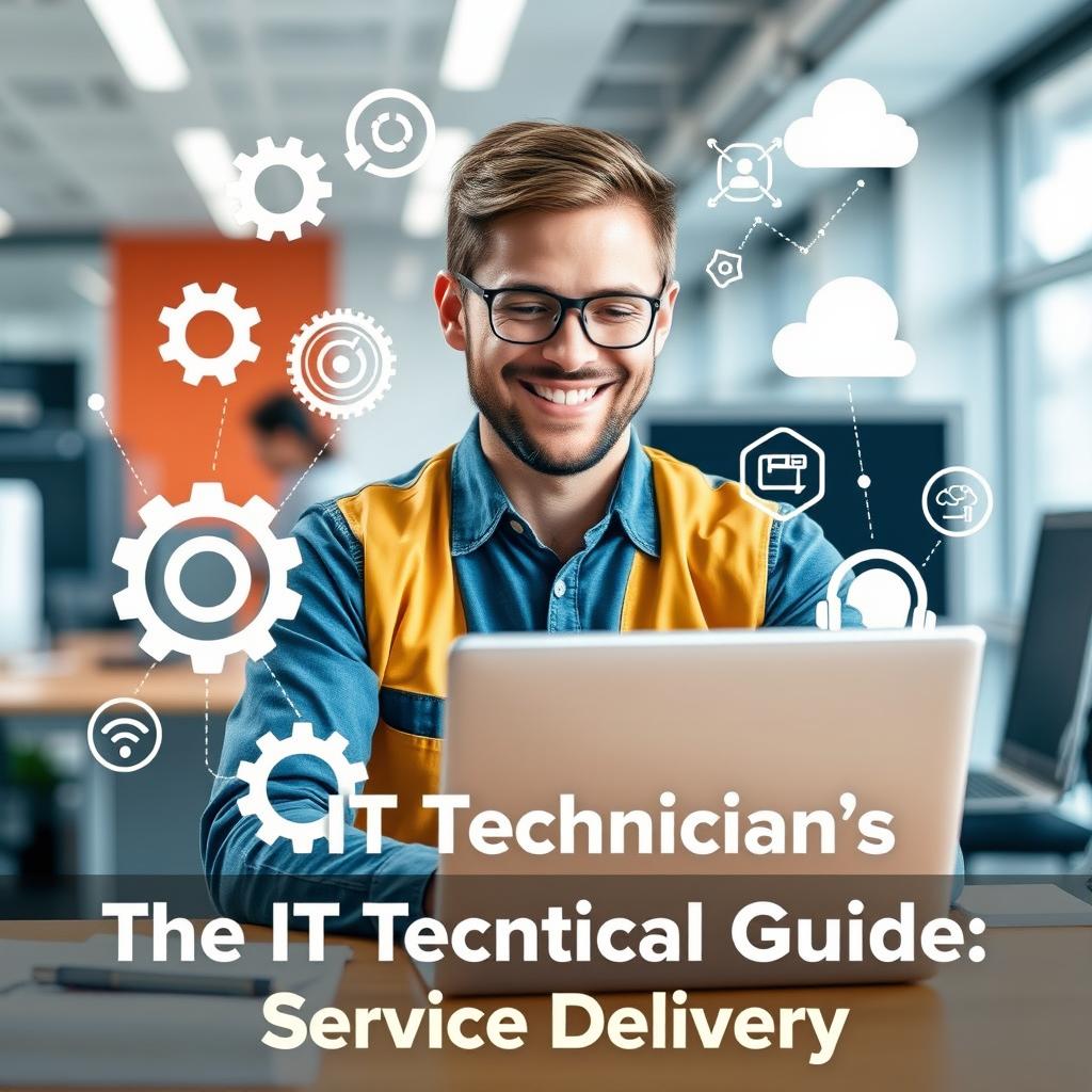 A cheerful IT technician, focused and smiling while working on a laptop, surrounded by various IT service icons such as gears, a server, cloud computing symbols, and support headset icons