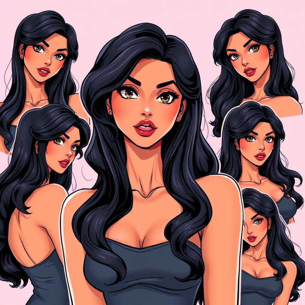 A girl with long black wavy hair and Latina skin, featuring an alluring expression