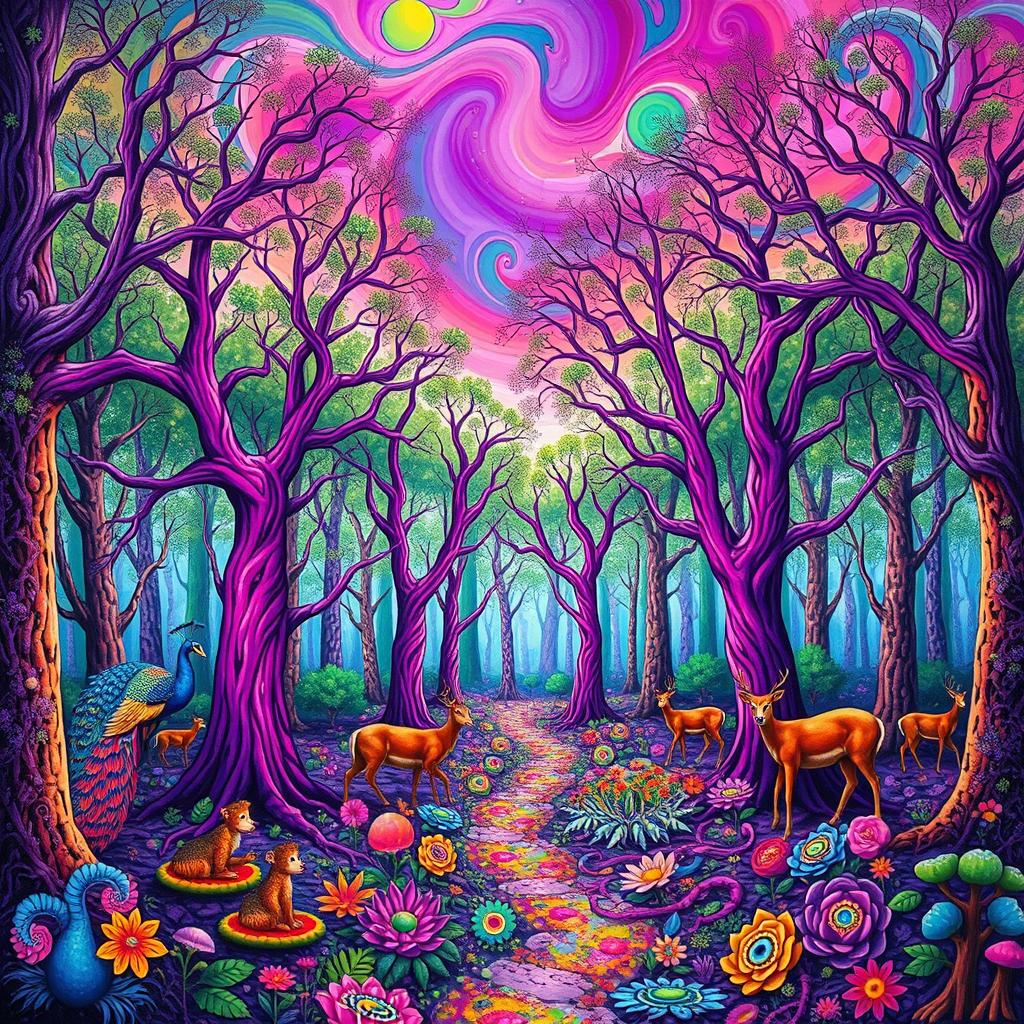 A vibrant psychedelic forest filled with surreal colors and whimsical patterns