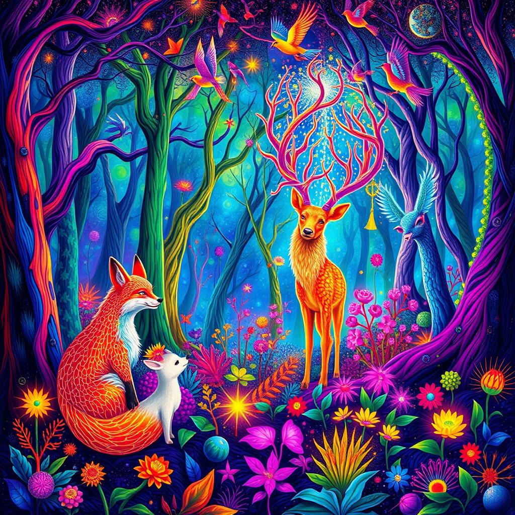 A vibrant, psychedelic forest filled with surreal and colorful trees, featuring a variety of fantastical animals