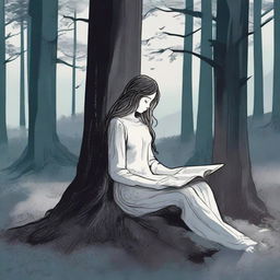 The young girl, now leaning back against a thick tree trunk under the luminescent moonlight, still cradling the book in her lap, on the verge of sleep in the serene forest.